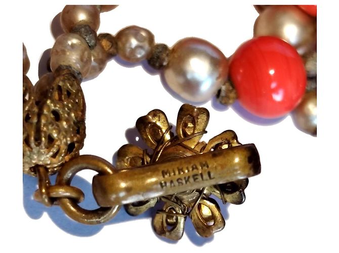 Miriam Haskell dreireihige korallenfarbene Glasperlenkette Golden - Ansicht 4