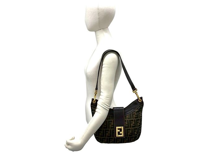 FENDI Vintage FF Logo Hardware Zucca Pattern Schultertasche Braun Schwarz - Ansicht 2