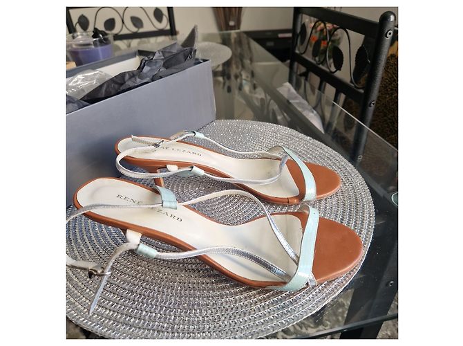 Sandali in pelle con tacco René Lezard Marrone Argento Bianco Blu chiaro - vista 2