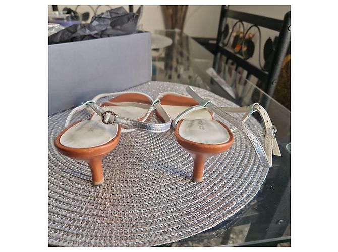 Sandali in pelle con tacco René Lezard Marrone Argento Bianco Blu chiaro - vista 3