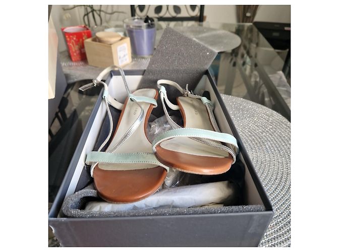 Sandali in pelle con tacco René Lezard Marrone Argento Bianco Blu chiaro - vista 5