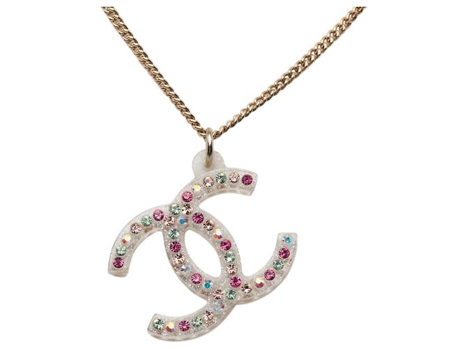 Collana con pendente Chanel Gold CC placcato oro strass e resina D'oro - vista 3