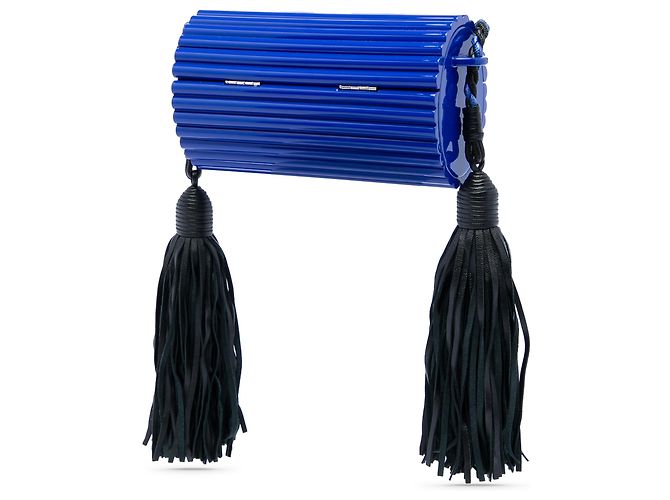 Bolso de mano Opium monogram Saint Laurent en acrílico acanalado azul y piel de cordero con flecos - vista 2