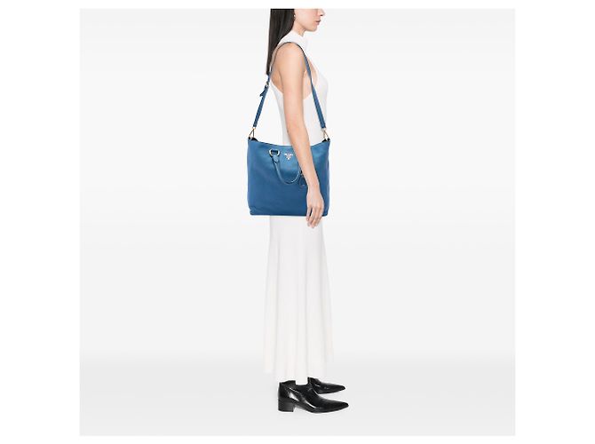Tote Aperto Convertibile Prada Blue Vitello Daino - vista 6
