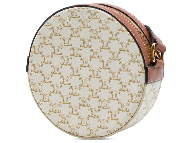 Céline Celine Weiße Triomphe beschichtete Canvas Bestickte Rundtasche mit Gurt - Ansicht 2