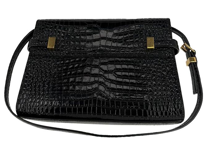 Bolsa de ombro Manhattan em couro preto com relevo de crocodilo Saint Laurent - vista 3