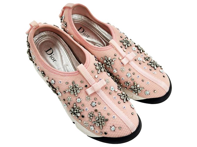Dior Fusion Crystal-Embellished Slip-On Sneakers in Pink Polyester Brown - view 5
