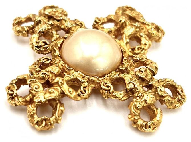Chanel Brosche mit Kunstperlen-Akzenten Weiß Golden - Ansicht 3