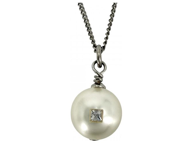 Collana con perle finte e strass Chanel Argento Bianco - vista 2