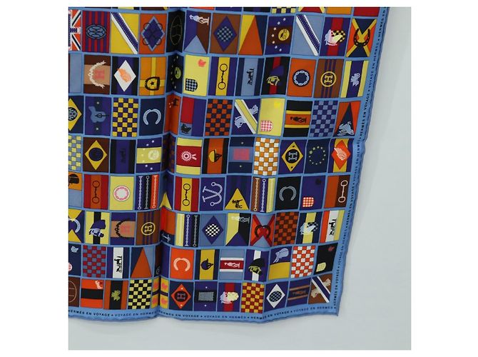 Hermès Carré 90 Sciarpa "En Voyage" Seta Blu Autentica 190238M - vista 10