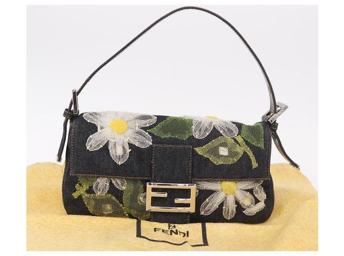 Borsa FENDI Mamma Baguette in denim con ricamo floreale blu navy e argento Auth 190100SAM - vista 12