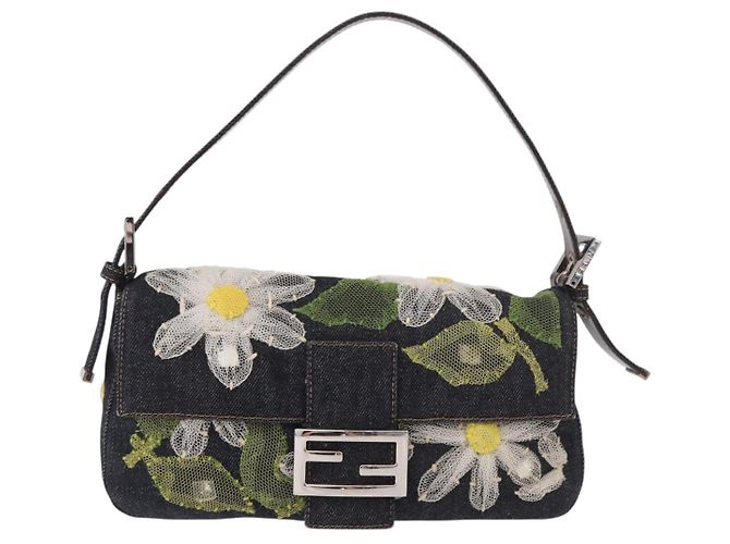 Borsa FENDI Mamma Baguette in denim con ricamo floreale blu navy e argento Auth 190100SAM - vista 13