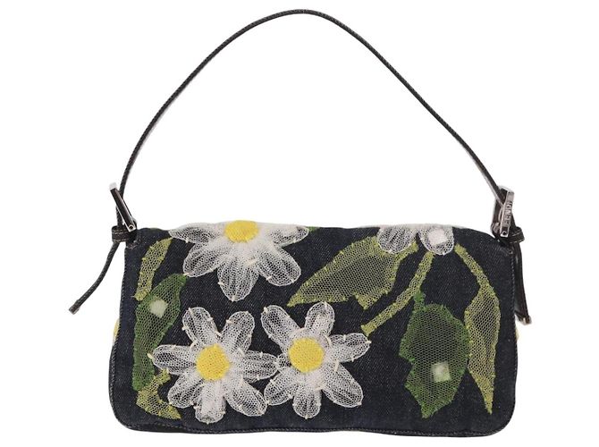 Borsa FENDI Mamma Baguette in denim con ricamo floreale blu navy e argento Auth 190100SAM - vista 2