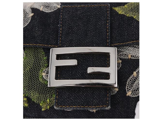 Borsa FENDI Mamma Baguette in denim con ricamo floreale blu navy e argento Auth 190100SAM - vista 20