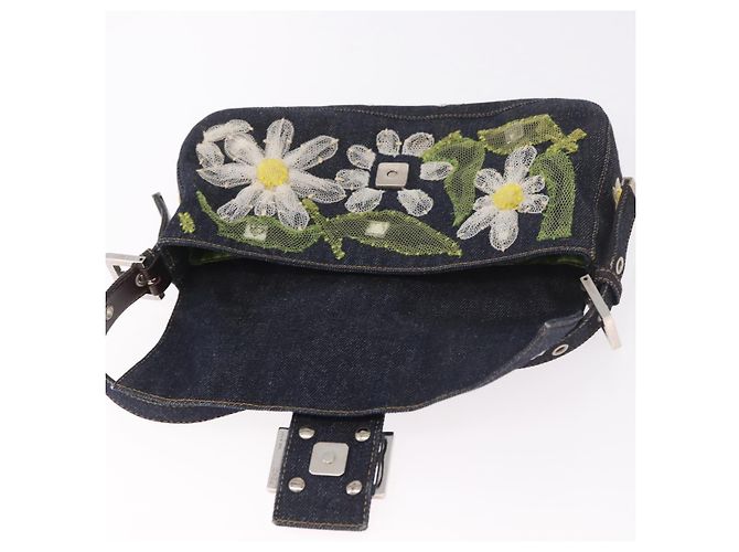 Borsa FENDI Mamma Baguette in denim con ricamo floreale blu navy e argento Auth 190100SAM - vista 21