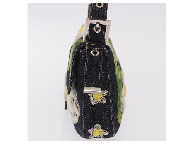 Borsa FENDI Mamma Baguette in denim con ricamo floreale blu navy e argento Auth 190100SAM - vista 3