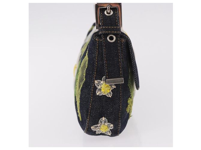 Borsa FENDI Mamma Baguette in denim con ricamo floreale blu navy e argento Auth 190100SAM - vista 4