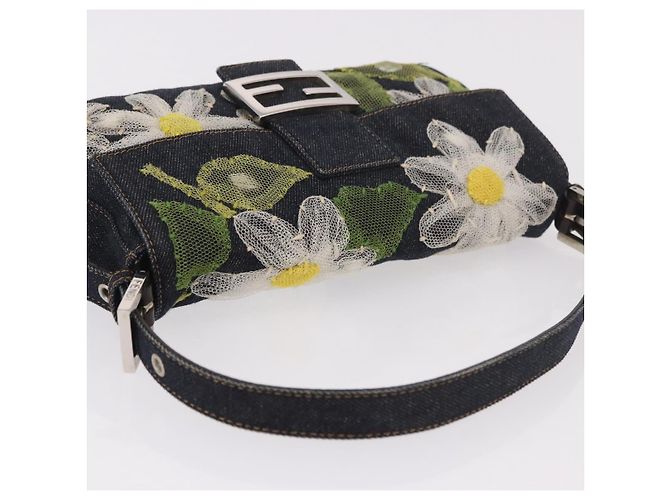 Borsa FENDI Mamma Baguette in denim con ricamo floreale blu navy e argento Auth 190100SAM - vista 6