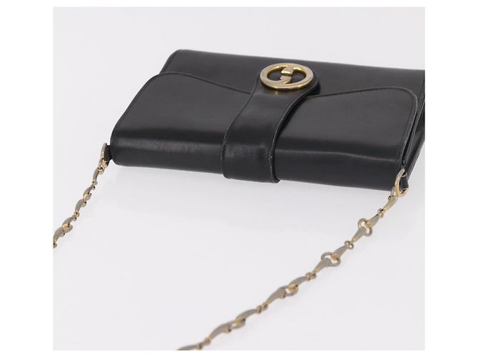 Borsa a tracolla GUCCI Horsebit Chain in pelle nera e oro Auth 189930 Nero D'oro - vista 6