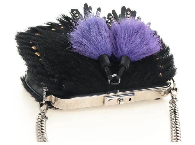 Borsa a Spalla con Catena PRADA in Pelliccia Nero Argento Auth 187435SAM - vista 6