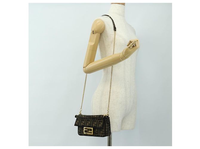 Borsa FENDI Chain Zucca Canvas Mamma Baguette 2way Marrone Nero Auth 189061SV - vista 26