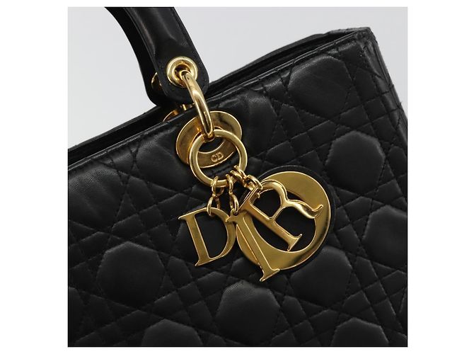 Borsa Christian Dior Lady Dior Canage in pelle di agnello nera e oro Auth bs35805V Nero D'oro - vista 14