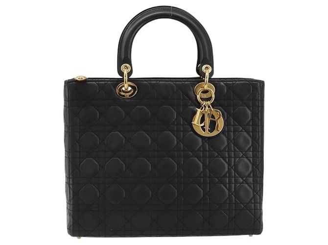 Borsa Christian Dior Lady Dior Canage in pelle di agnello nera e oro Auth bs35805V Nero D'oro - vista 2