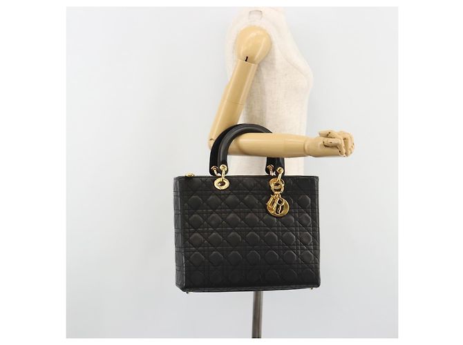 Borsa Christian Dior Lady Dior Canage in pelle di agnello nera e oro Auth bs35805V Nero D'oro - vista 23