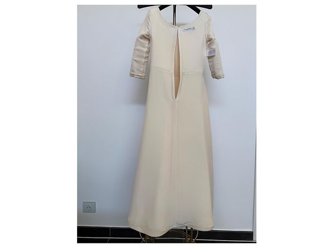 Christian Dior Abito Lungo in Lana e Seta Beige Crudo - vista 6