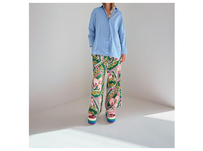 Weekend Max Mara Seidenhose Wide-Leg Abstraktes Blumenmuster Pink Weiß Grün Gelb - Ansicht 6