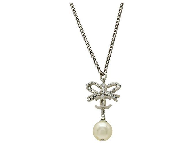Collana con nastro logo Coco e perle finte CHANEL Argento Crudo - vista 2