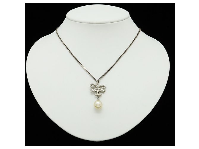 Collana con nastro logo Coco e perle finte CHANEL Argento Crudo - vista 8
