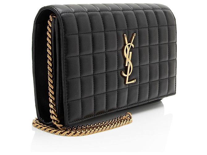 Portefeuille à chaîne Saint Laurent en agneau matelassé avec monogramme Cassandre Noir - vue 2