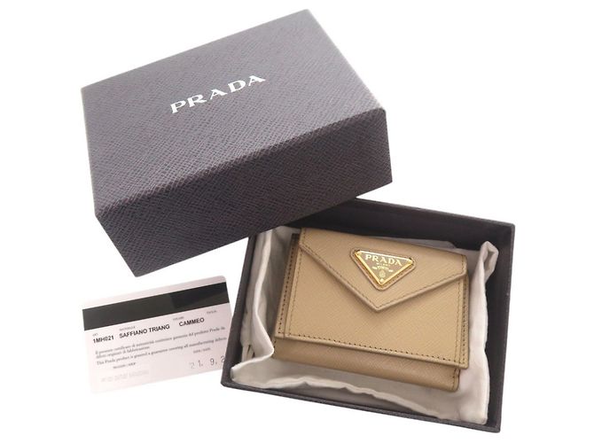 Prada Triangle Logo Saffiano Leather Tri-fold Wallet Beige - view 2