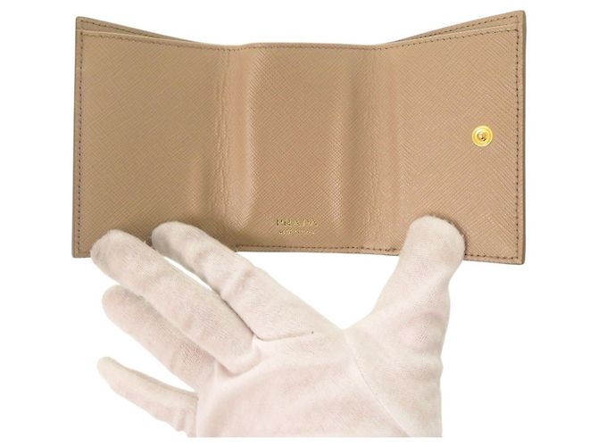 Prada Triangle Logo Saffiano Leather Tri-fold Wallet Beige - view 5