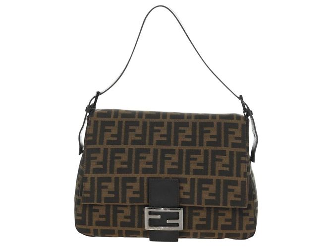 FENDI Zucca Canvas Mamma Baguette Shoulder Bag Black Brown Auth 189272V Marrone Nero - vista 13