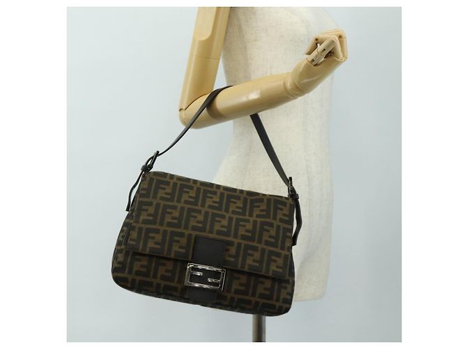 FENDI Zucca Canvas Mamma Baguette Shoulder Bag Black Brown Auth 189272V Marrone Nero - vista 28