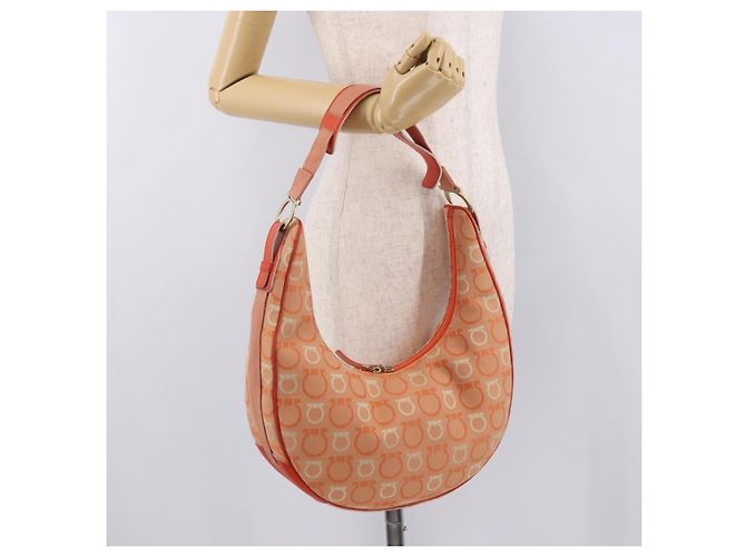 Borsa a tracolla Salvatore Ferragamo Gancini Canvas Orange Gold Auth BA13723V D'oro Arancione - vista 22