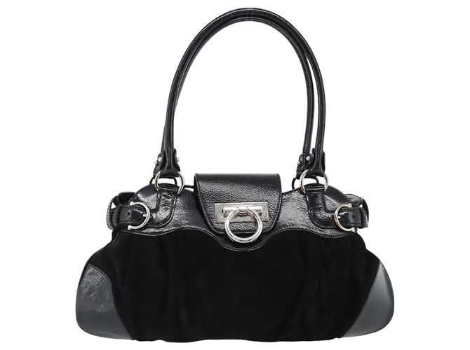 Borsa Salvatore Ferragamo Gancini in scamosciato nero e argento Auth BA13719A - vista 13