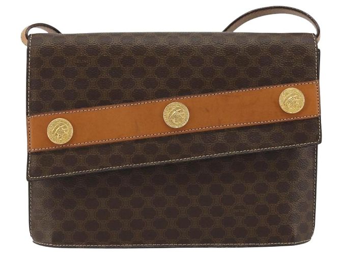 Céline CELINE Bolsa de Ombro Macadam Canvas com Medalhão PVC Couro Marrom Ouro Autêntica 189300 Dourado - vista 13