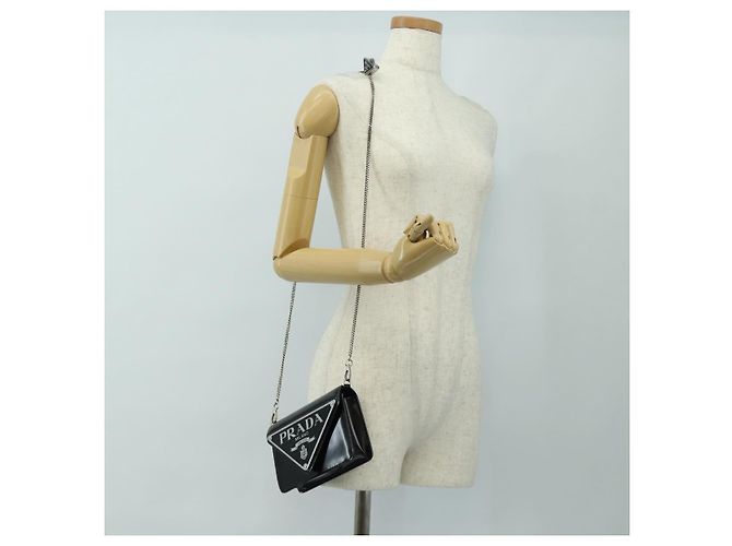 Bolso de Hombro con Cadena PRADA de Cuero Patentado Negro Plata 190226SAM - vista 27