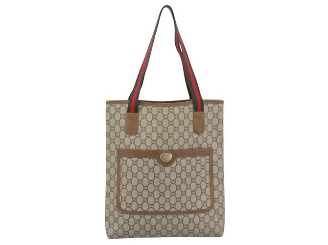 Borsa Tote GUCCI GG Supreme Web Sherry Line PVC Beige Gold Auth 189947 D'oro - vista 13
