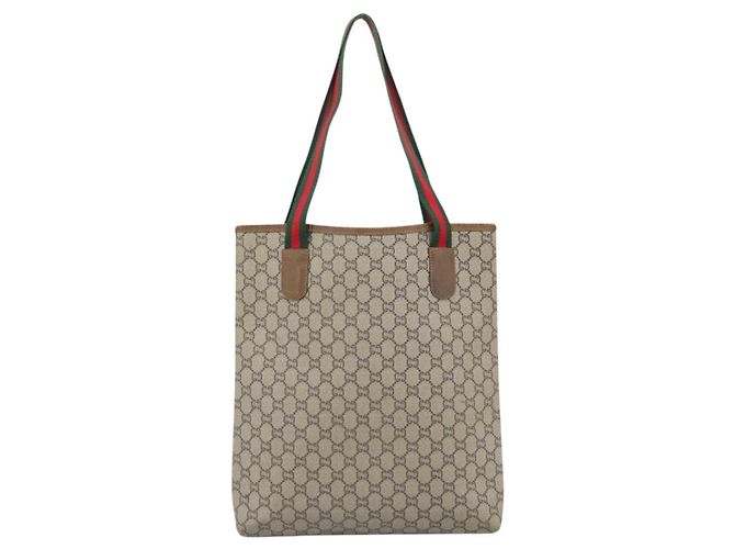 Borsa Tote GUCCI GG Supreme Web Sherry Line PVC Beige Gold Auth 189947 D'oro - vista 2