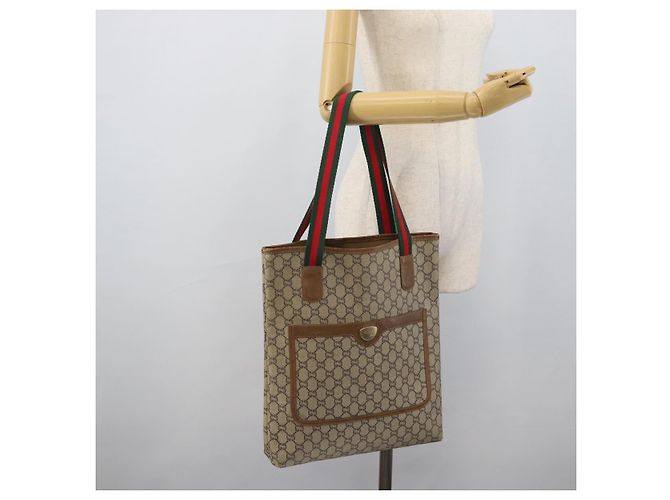Borsa Tote GUCCI GG Supreme Web Sherry Line PVC Beige Gold Auth 189947 D'oro - vista 23