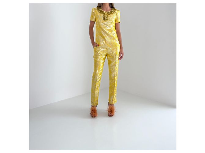 Tory Burch Metallic Seidenmischung Jacquard Verzierte Oberteil & Hose Set – Neu - Ansicht 2