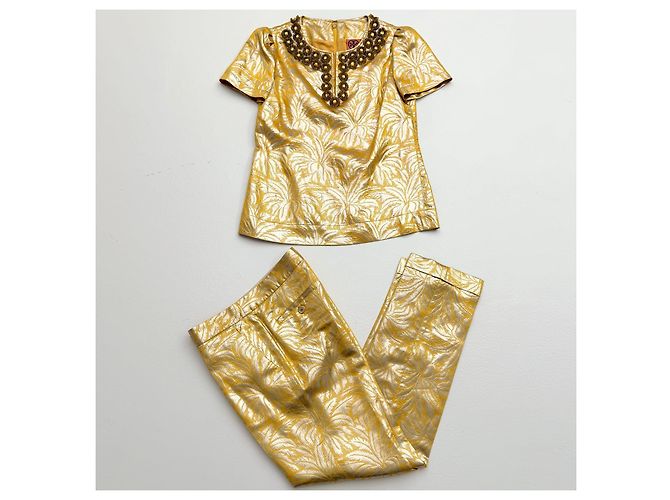 Tory Burch Metallic Seidenmischung Jacquard Verzierte Oberteil & Hose Set – Neu - Ansicht 3