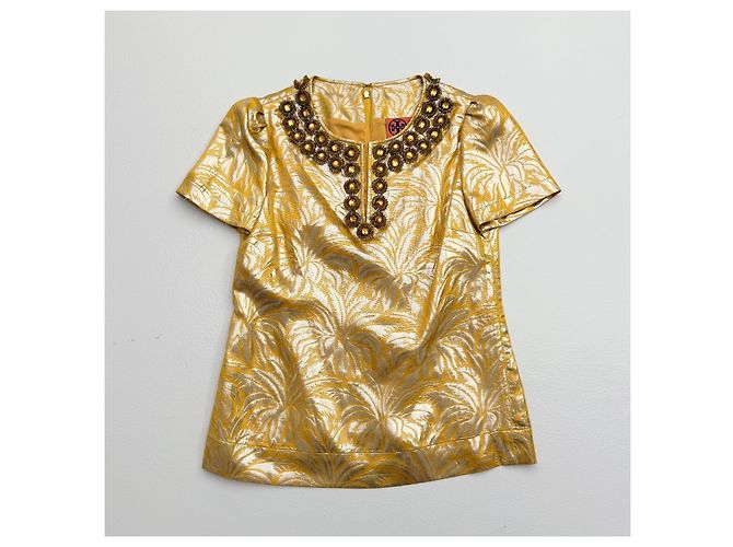 Tory Burch Metallic Seidenmischung Jacquard Verzierte Oberteil & Hose Set – Neu - Ansicht 4