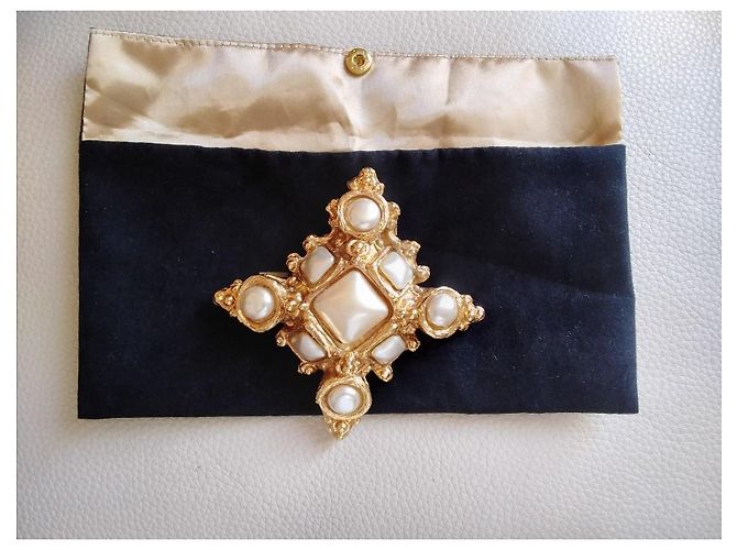 Autre Marque Spilla Vintage Jacky de G Paris Croce Perle D'oro - vista 5