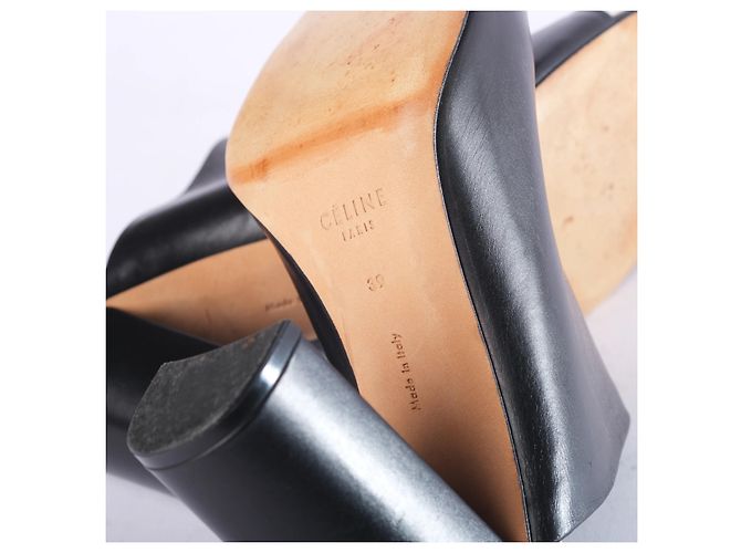 Céline Sandali piatti in pelle nera Celine con dettagli dorati Nero - vista 6