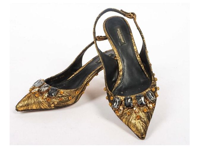 Décolleté Slingback Dolce & Gabbana in Seta e Cristalli D'oro - vista 2